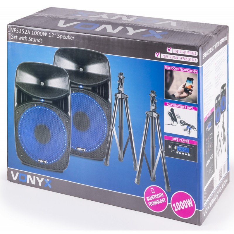 Altavoces de sonido kit 1000W + Subwoofer Cables + Pies + USB / SD /  Bluetooth