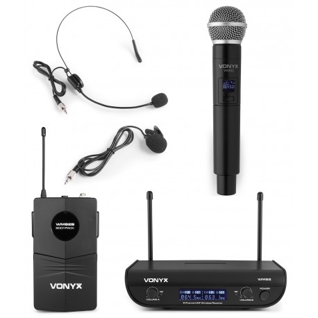 WM82C Micrófono inalámbrico digital UHF de 2 canales con bolsillo y cuerpo Vonyx