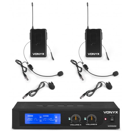WM522B Micrófono inalámbrico VHF 2 canales con 2 micros de diadema Vonyx